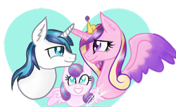 Size: 1184x720 | Tagged: safe, artist:sweetkllrvane, princess cadance, princess flurry heart, shining armor, alicorn, pony, unicorn, family, grin, heart, looking at each other, smiling