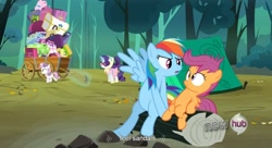 Size: 1581x861 | Tagged: safe, screencap, rainbow dash, rarity, scootaloo, sweetie belle, pegasus, pony, unicorn, camping outfit, hub logo, tent, youtube caption, youtube link