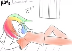 Size: 1280x905 | Tagged: safe, artist:mabu, rainbow dash, 30 minute art challenge, humanized, prisoner rd, sleeping, solo