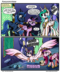 Size: 2620x3158 | Tagged: safe, artist:gray--day, princess cadance, princess celestia, princess flurry heart, princess luna, twilight sparkle, twilight sparkle (alicorn), alicorn, pony, spoiler:s06, alicorn pentarchy, auntie twilight, aweeg*, cake, comic, cute, dialogue, female, flurrybetes, food, i can't believe it's not idw, impossibly large wings, large wings, mare, misplaced wing, older, speech bubble, thanks m.a. larson, vase