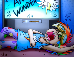 Size: 1280x989 | Tagged: safe, artist:megasweet, artist:trelwin, rainbow dash, armpits, clothes, drool, goggles, humanized, pajamas, sleeping, solo, television, younger, zzz