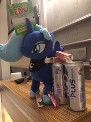 Size: 720x960 | Tagged: safe, artist:bradleysigar, photographer:bradleysigar, princess luna, 100 plus, can, drink, eno, irl, malaysia, photo, plushie, soda, this will end in diet coke with mentos, this will end in tears