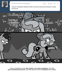 Size: 666x800 | Tagged: safe, artist:egophiliac, princess luna, oc, oc:frolicsome meadowlark, bat pony, pony, calculating, cartographer's cap, fancy mathematics, filly, grayscale, hat, hoofprints, math, monochrome, moonstuck, pointing, woona, woonoggles, younger