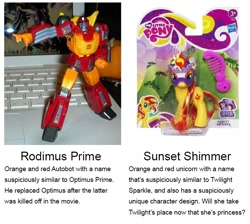 Size: 720x644 | Tagged: source needed, safe, sunset shimmer, twilight sparkle, pony, brushable, comparison, hilarious in hindsight, masked shimmer, rodimus prime, toy, transformers