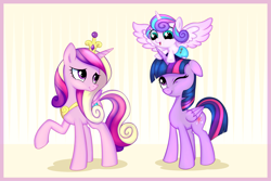 Size: 3785x2533 | Tagged: safe, artist:kas92, princess cadance, princess flurry heart, twilight sparkle, alicorn, pony, spoiler:s06, aunt and niece, baby, baby alicorn, baby flurry heart, baby pony, blue diaper, cloth diaper, cute, dawwww, diaper, diapered, diapered filly, female, filly, looking down, looking up, one eye closed, safety pin, sisters-in-law, wink