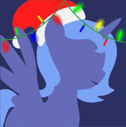Size: 795x800 | Tagged: safe, artist:arifproject, edit, part of a set, princess luna, alicorn, pony, animated, arif's christmas pones, beautiful, blank flank, blue background, christmas lights, cute, derpibooru background pony icon, female, filly, foal, garland, gif, happy, hat, horn, lights, lineless, minimalist, s1 luna, santa hat, santa woona, simple background, smiling, solo, spread wings, wings, woona, younger