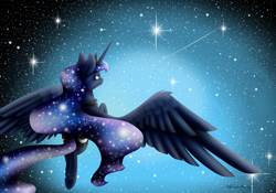 Size: 1024x718 | Tagged: dead source, safe, artist:themagicfantasy, princess luna, alicorn, pony, night, night sky, solo, starry night, stars