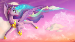 Size: 1920x1080 | Tagged: safe, artist:the1xeno1, princess cadance, alicorn, pony, cloud, flying, glowing horn, solo