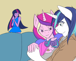 Size: 1024x832 | Tagged: safe, artist:nwinter3, princess cadance, princess flurry heart, shining armor, twilight sparkle, twilight sparkle (alicorn), alicorn, anthro, a flurry of emotions, bags under eyes, clothes, dress, hug, shirt