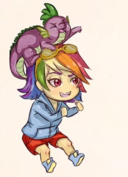 Size: 417x576 | Tagged: safe, artist:mellifluousadventure, rainbow dash, spike, chibi, humanized, simple background