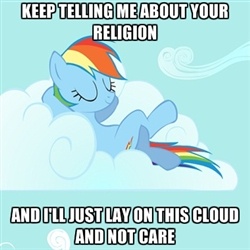 Size: 250x250 | Tagged: safe, rainbow dash, pegasus, pony, all caps, image macro, impact font, religion