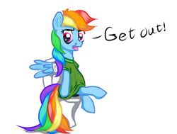 Size: 1098x828 | Tagged: dead source, safe, artist:jammaren, rainbow dash, pegasus, pony, bandage, but why, get out, solo, toilet