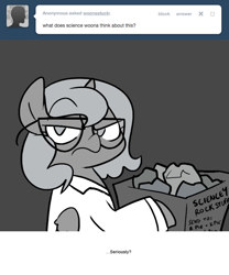 Size: 666x800 | Tagged: safe, artist:egophiliac, princess luna, alicorn, pony, ask the pie sisters, basket, clothes, filly, glasses, grayscale, lab coat, luna is not amused, monochrome, moonstuck, rock, science woona, solo, unamused, woona, younger