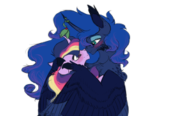 Size: 1200x800 | Tagged: safe, artist:silvy-fret, princess luna, twilight sparkle, alicorn, bat pony, bat pony alicorn, pony, bat wings, blushing, boop, colored wings, colored wingtips, curved horn, ear fluff, eye contact, female, floppy ears, fluffy, freckles, holly, holly mistaken for mistletoe, hug, lesbian, lidded eyes, looking at each other, lunabat, mare, noseboop, nuzzling, race swap, rainbow power, shipping, shoulder fluff, simple background, smiling, spread wings, transparent background, twiluna, winghug