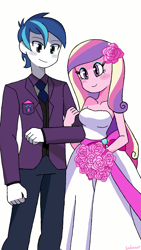 Size: 720x1280 | Tagged: safe, artist:leone di cielo, artist:riouku, edit, dean cadance, princess cadance, shining armor, equestria girls, alumnus shining armor, bouquet, clothes, cute, cutedance, dress, female, male, marriage, no nose, shining adorable, shiningcadance, shipping, simple background, straight, wedding, wedding dress, white background