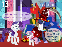 Size: 1024x768 | Tagged: safe, artist:bronybyexception, princess luna, rarity, sweetie belle, alicorn, pony, unicorn, advent calendar, beard, christmas, discworld, facial hair, grim reaper, hearth's warming eve, hogfather, present, scythe, star swirl the bearded costume, sword, terry pratchett, the hogfather, this will end in tears and/or death, vector, weapon