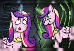 Size: 1188x828 | Tagged: safe, artist:brightsparkdev, princess cadance, queen chrysalis, alicorn, changeling, changeling queen, pony, crying, this day aria