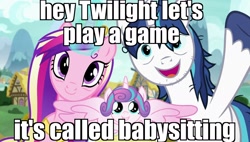 Size: 1920x1090 | Tagged: safe, edit, edited screencap, screencap, princess cadance, princess flurry heart, shining armor, alicorn, pony, unicorn, a flurry of emotions, bags under eyes, image macro, meme