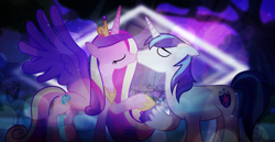 Size: 1980x1020 | Tagged: safe, artist:90sigma, artist:bubbly-storm, artist:csillaghullo, edit, princess cadance, shining armor, alicorn, pony, unicorn, canterlot gardens, female, hoof hold, kissing, male, night, shiningcadance, shipping, straight, vector, wallpaper, wallpaper edit