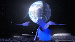 Size: 2560x1440 | Tagged: safe, artist:thelunagames, princess luna, alicorn, pony, 3d, cinema 4d, earth, moon, planet, plot, sai, solo, spread wings, stars