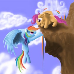 Size: 990x990 | Tagged: safe, artist:the-laughing-horror, rainbow dash, scootaloo, pegasus, pony, female, mare, scared, wings