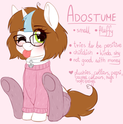 Size: 2409x2425 | Tagged: safe, artist:adostume, oc, oc only, oc:adostume, pony, unicorn, clothes, collar, female, fluffy, glasses, mare, messy hair, reference sheet, sitting, small, solo, stockings, sweater, thigh highs, tongue out