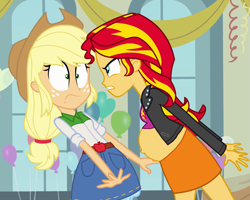 Size: 1241x995 | Tagged: safe, applejack, sunset shimmer, equestria girls, angry, pregnant, pregnant edit, pregnant equestria girls