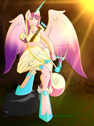 Size: 1024x1367 | Tagged: safe, artist:biobasher, princess cadance, anthro, arrow, bow (weapon), bow and arrow, magic, solo, spread wings