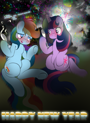 Size: 2472x3358 | Tagged: safe, artist:v-d-k, rainbow dash, twilight sparkle, pegasus, pony, champagne, drunk, drunk twilight, drunker dash, female, fireworks, happy new year, hooves, lesbian, shipping, twidash