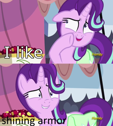 Size: 1256x1406 | Tagged: safe, edit, edited screencap, screencap, shining armor, starlight glimmer, pony, unicorn, rock solid friendship, discovery family logo, exploitable meme, image macro, implied shining armor, meme, solo, starlight's confessions, sweat