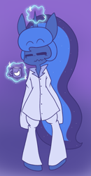 Size: 943x1807 | Tagged: safe, artist:typhwosion, princess luna, anthro, unguligrade anthro, clothes, cup, eyes closed, gradient background, levitation, magic, solo, telekinesis, wavy mouth