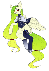 Size: 2622x3762 | Tagged: safe, artist:helemaranth, oc, oc only, oc:lemony light, pegasus, pony, semi-anthro, clothes, eye clipping through hair, female, heterochromia, mare, rcf community, simple background, socks, solo, stockings, thigh highs, transparent background, ych result