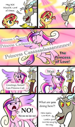 Size: 2000x3400 | Tagged: safe, artist:xain-russell, discord, princess cadance, sunset shimmer, alicorn, draconequus, pony, unicorn, comic, hercules, lovebutt