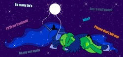 Size: 1506x701 | Tagged: safe, artist:limedreaming, princess luna, oc, oc:lime dream, alicorn, pony, dreamscape, hug, moon, sleeping, winghug