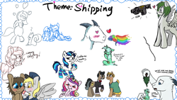 Size: 1920x1080 | Tagged: safe, artist:binkyt11, artist:cutepencilcase, artist:gift, artist:strangersaurus, derpy hooves, doctor caballeron, doctor whooves, lyra heartstrings, princess cadance, shining armor, oc, alicorn, earth pony, goat, pegasus, pony, squirrel, unicorn, blushing, brain, buralleron, buried treasure, clothes, dialogue, drawpile disasters, female, flower, gun, heart, heart eyes, literal, literal shipping, mailmare, male, mare, rainbow, raritato, shipping, socks, speech bubble, spread wings, stallion, straight, tree, weapon, wingding eyes, wings