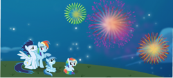Size: 900x406 | Tagged: safe, artist:selecteddash, rainbow dash, soarin', oc, oc:ragtag, oc:shooting star, pegasus, pony, 2013, fireworks, happy new year, offspring, parent:rainbow dash, parent:soarin', parents:soarindash, shipping, soarindash