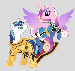 Size: 1024x969 | Tagged: safe, artist:w00tnewt, princess cadance, shining armor, alicorn, pony, unicorn, blue ranger, clothes, cosplay, costume, female, gold ranger, magishine, mahou sentai magiranger, male, power rangers, power rangers mystic force, shiningcadance, shipping, solaris knight, straight, super sentai