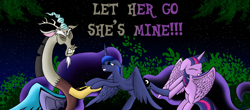 Size: 10437x4577 | Tagged: safe, artist:miragepotato, discord, princess luna, twilight sparkle, twilight sparkle (alicorn), alicorn, pony, absurd resolution, female, lesbian, lunacord, male, shipping, shipping war, straight, twiluna