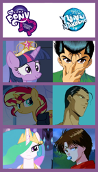 Size: 598x1042 | Tagged: safe, princess celestia, sunset shimmer, twilight sparkle, twilight sparkle (alicorn), alicorn, pony, equestria girls, comparison, comparison chart, koenma, sensui shinobu, urameshi yusuke, yu yu hakusho