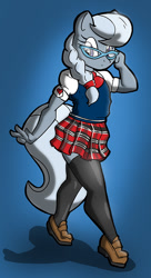 Size: 486x891 | Tagged: safe, artist:theburningdonut, silver spoon, anthro, earth pony, plantigrade anthro, blue background, braid, clothes, cute, female, filly, glasses, plaid, pleated skirt, ponytail, school uniform, schoolgirl, shoes, silverbetes, simple background, skirt, socks, solo, thigh highs, zettai ryouiki