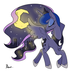 Size: 2362x2362 | Tagged: safe, artist:renokim, princess luna, alicorn, pony, city, eyes closed, moon, simple background, solo, white background