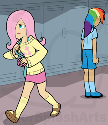 Size: 900x1037 | Tagged: safe, artist:colorsplasharts, fluttershy, rainbow dash, butch hartman, clothes, high school, humanized, school, skirt, style emulation