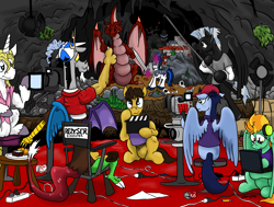 Size: 2364x1788 | Tagged: safe, artist:witkacy1994, caramel, discord, lightning dust, prince blueblood, shining armor, soarin', thunderlane, dragon, pony, unicorn, armor, chair, director's chair, filming, movie set