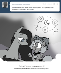 Size: 666x800 | Tagged: safe, artist:egophiliac, princess luna, oc, oc:echo (egophiliac), bat pony, pony, ask, cartographer's cap, filly, grayscale, hat, lunar stone, monochrome, moonstuck, question mark, tumblr, woona, younger