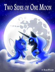 Size: 2300x3000 | Tagged: safe, artist:kiarawizard01, nightmare moon, princess luna, alicorn, pony, cloud, comic cover, cover art, duality, female, frown, full moon, glare, grin, gritted teeth, mare, mare in the moon, moon, s1 luna, smiling