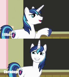 Size: 1256x1406 | Tagged: safe, edit, edited screencap, screencap, shining armor, pony, unicorn, a flurry of emotions, rock solid friendship, copycat, corndogs, meme, ripoff