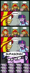 Size: 1021x2452 | Tagged: safe, artist:zicygomar, edit, sunset shimmer, twilight sparkle, equestria girls, comic, song reference