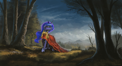 Size: 2000x1081 | Tagged: dead source, safe, artist:shamanguli, princess luna, alicorn, pony, cloak, clothes, forest, looking away, looking up, mountain, scenery, scenery porn, solo, tree