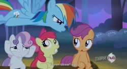 Size: 1579x865 | Tagged: safe, screencap, apple bloom, rainbow dash, scootaloo, sweetie belle, pegasus, pony, sleepless in ponyville, cutie mark crusaders, hub logo, youtube caption, youtube link