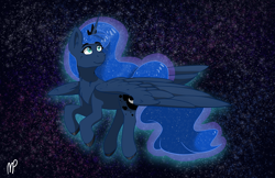Size: 2048x1325 | Tagged: safe, artist:ivinity-art, princess luna, alicorn, pony, fluffy, looking up, missing accessory, smiling, solo, space, spread wings, stars, tail feathers, unshorn fetlocks, wings